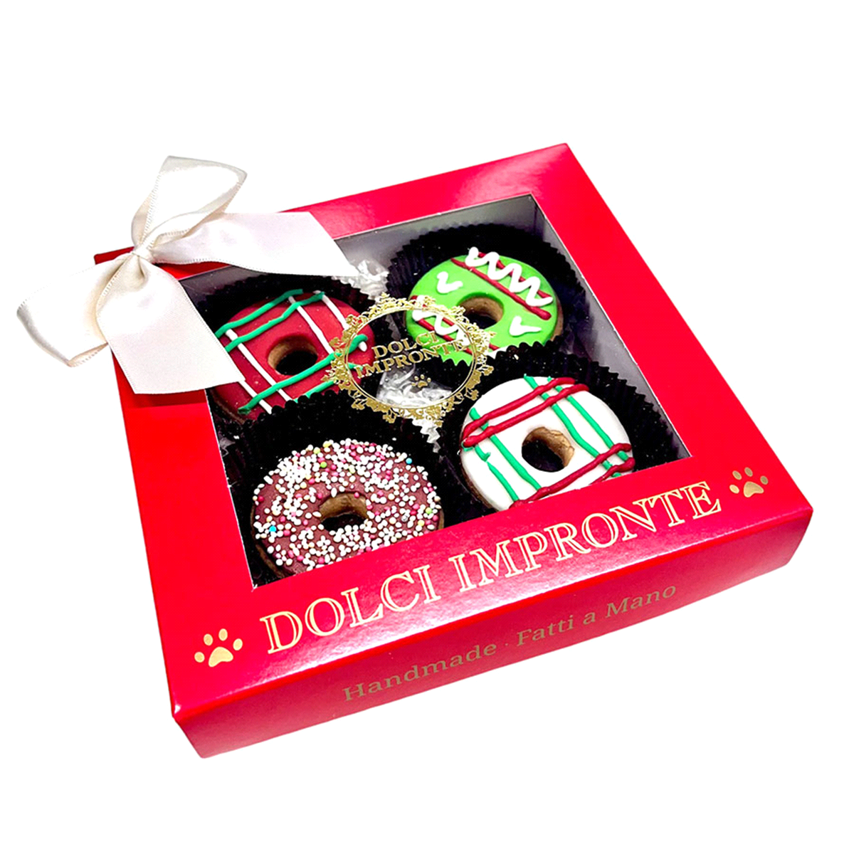 Scatola rossa in cartoncino contenente 4 mini donuts fatti a mano uno ad uno e poi glassati. 