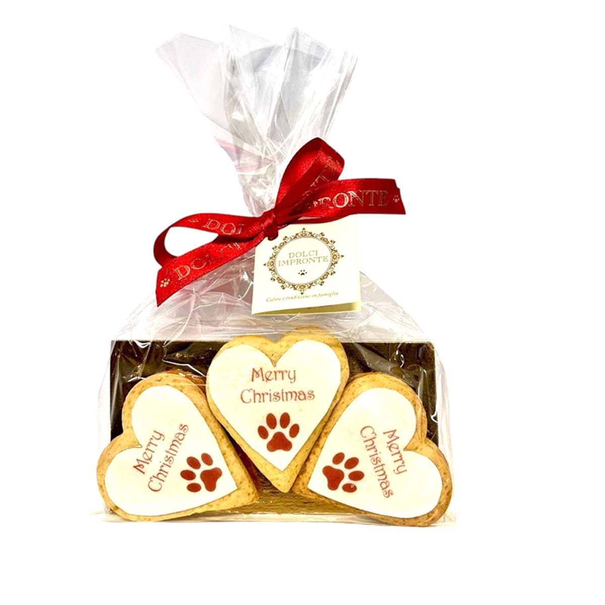 Sacchetto con fiocco con 3 biscotti in frolla Xmas decorati con cialda alimentare. 