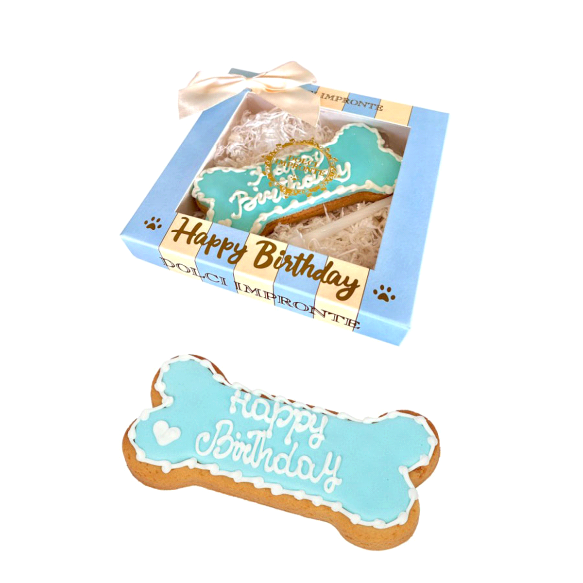 Biscotto in delicata pasta frolla,  decorato a mano in colore azzurro, con scritta Happy Birthday e candelina.  Confezionato in scatola di cartone azzurra con fiocco. 