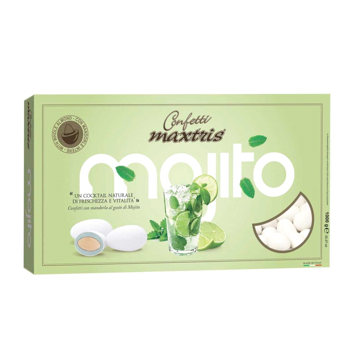 Mandorla tostata ricoperta da cioccolato bianco al gusto di Mojito e da un sottile strato di zucchero.
 