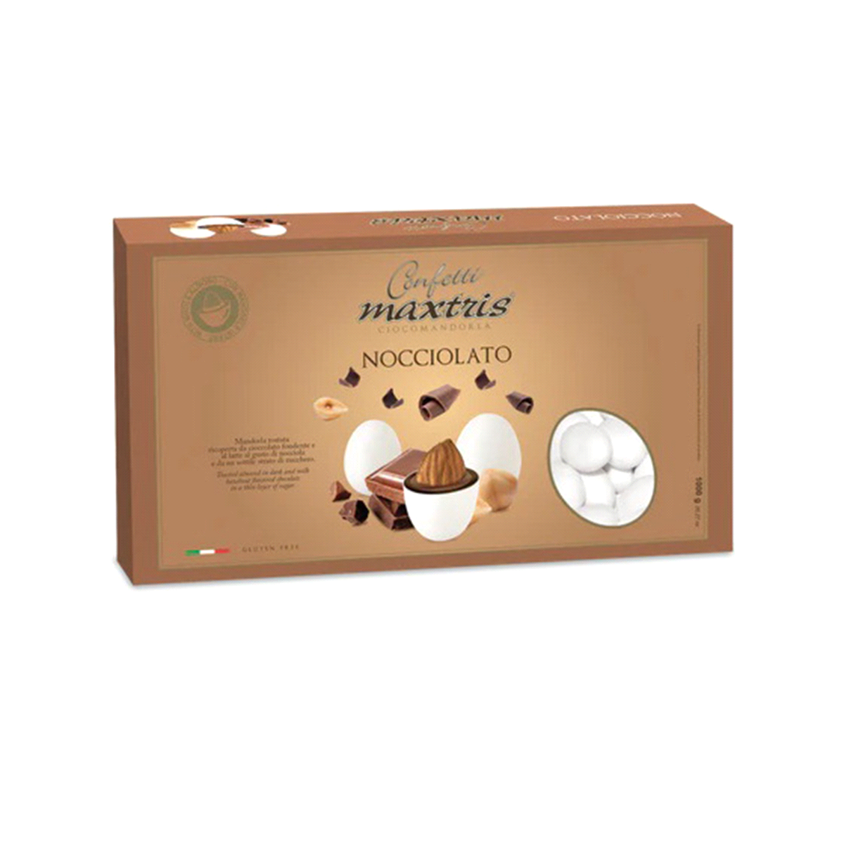 Confetti con mandorla tostata ricoperta di cioccolato al latte e fondente al gusto di nocciola. Senza glutine e senza olio di palma. 