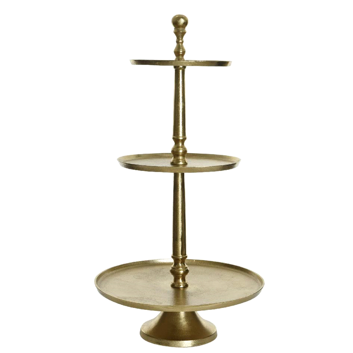 Alzata oro tonda 3 piani in alluminio. Misure: @43 h. 81cm. 