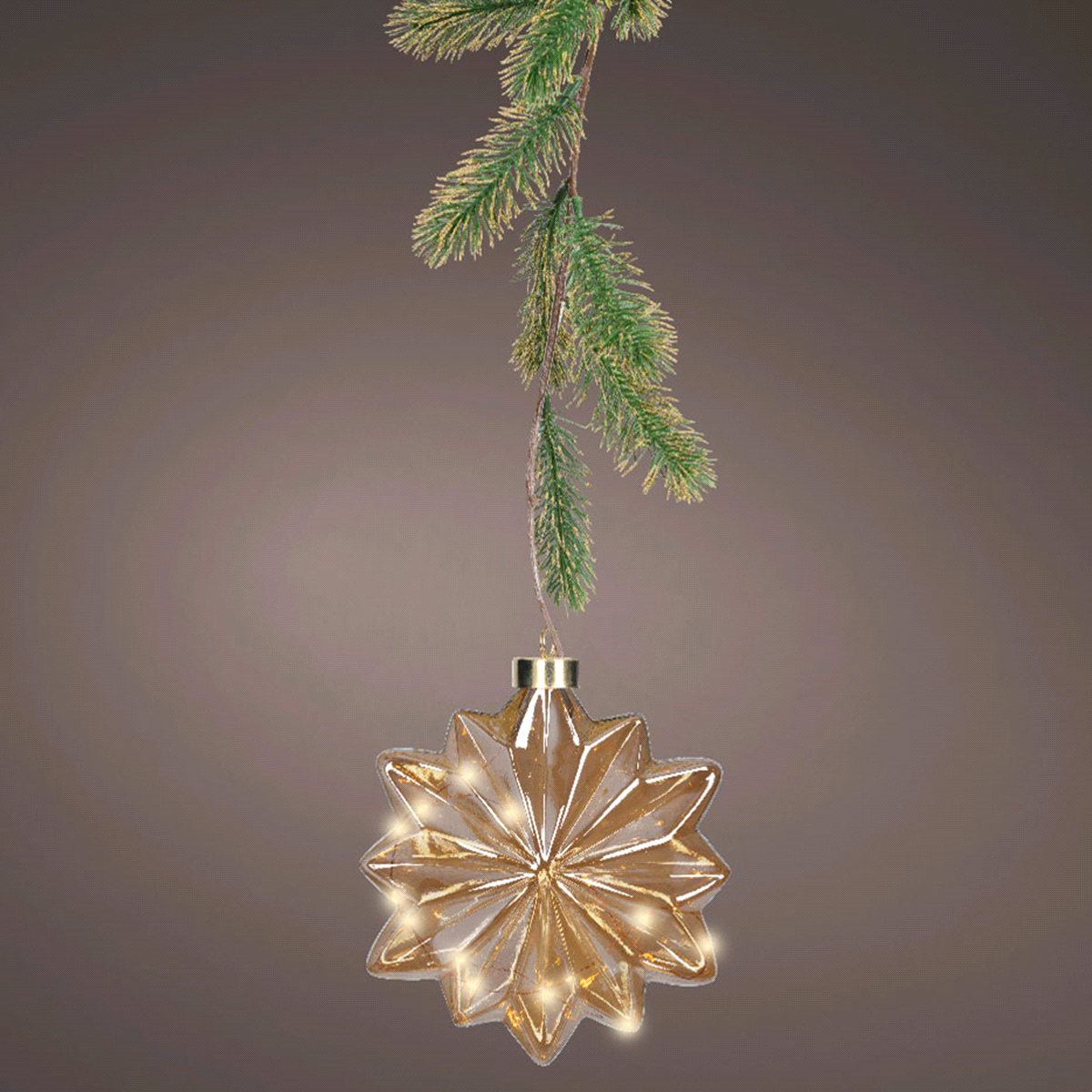 Fiore ambrato con 15 led colore caldo da interno in vetro, plastica, rame e ferro. 