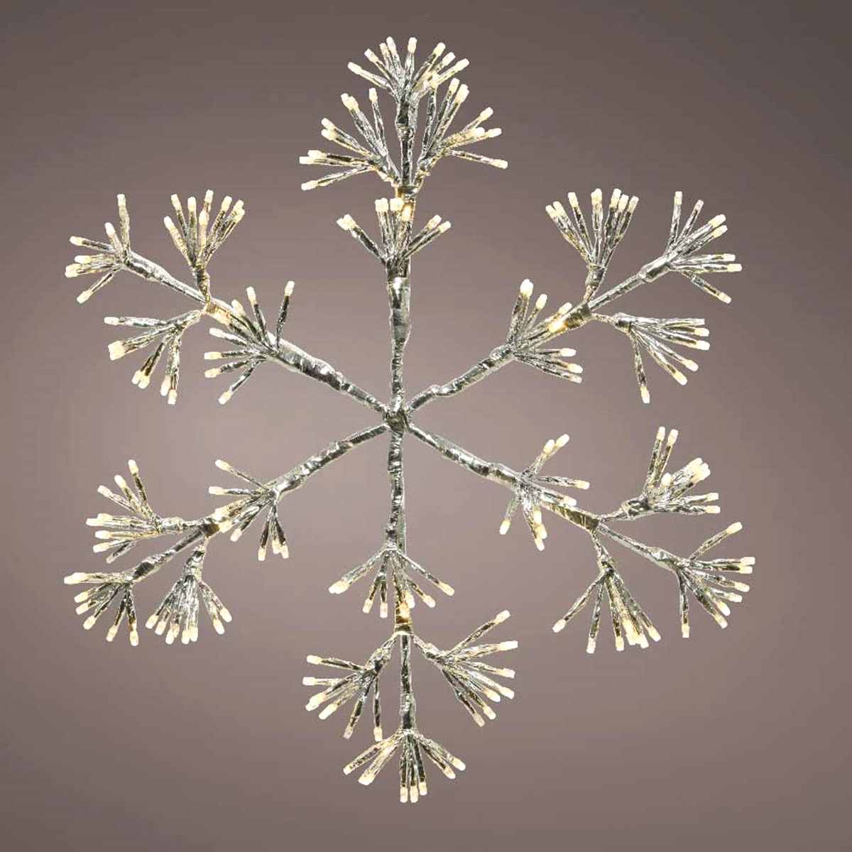 Fiocco di neve argento con telaio in metallo con led a luce bianco caldo con effetto scintillante da esterno. Dimensioni: 42x48cm. 