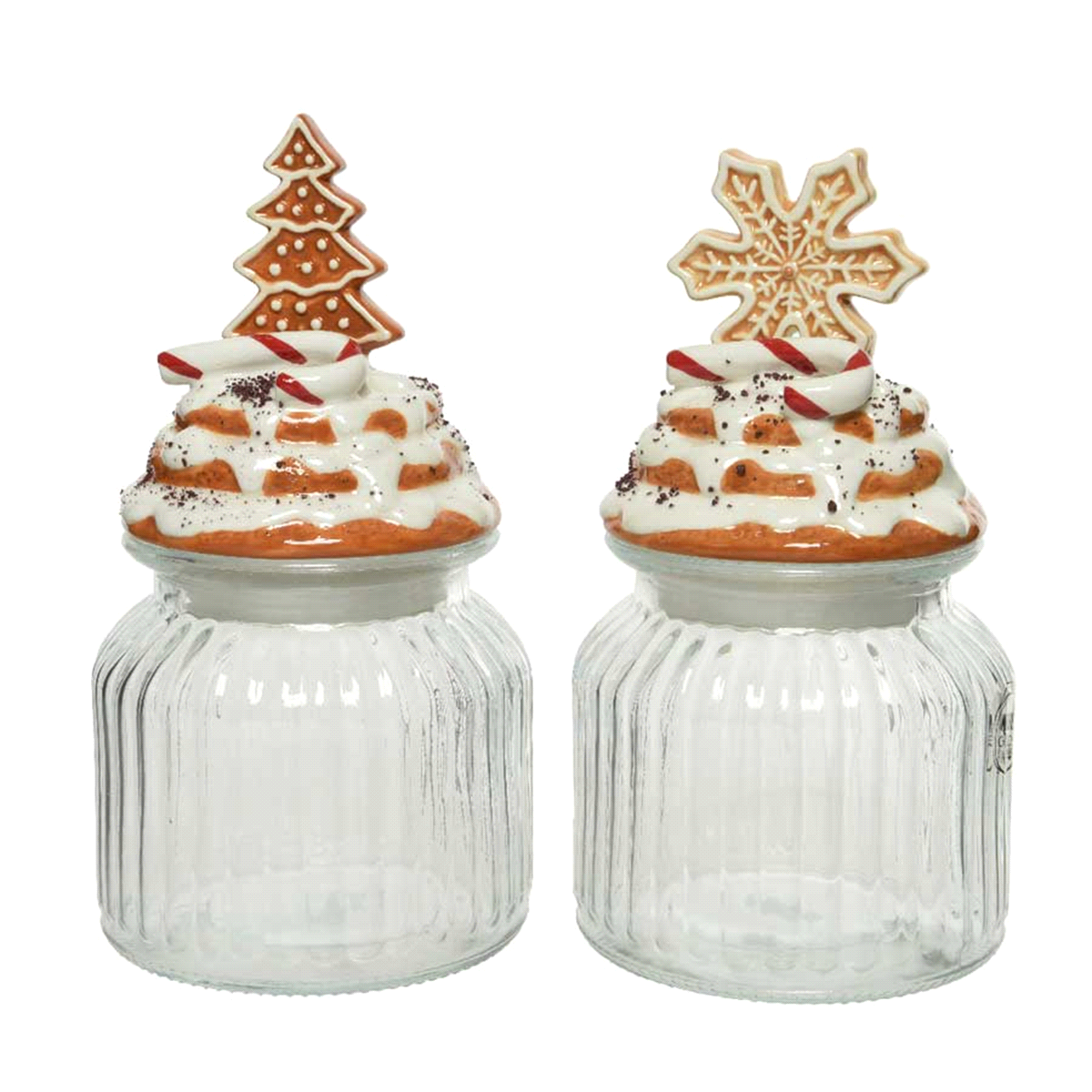 Barattolo vetro trasparente con tappo a forma decorativa di Natale in due modelli assortiti. Misure: diametro 11 h.21cm. 