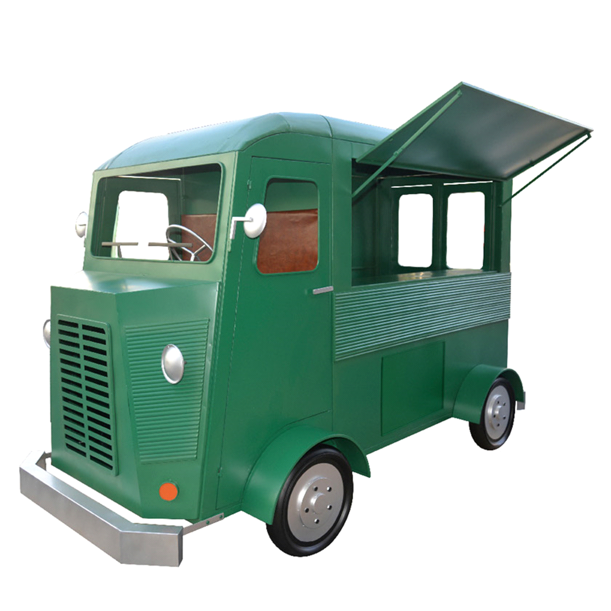 Autocarro per allestimenti verde in ferro. Misure: 279x143 h. 180,5cm. Peso: 177 kg 
