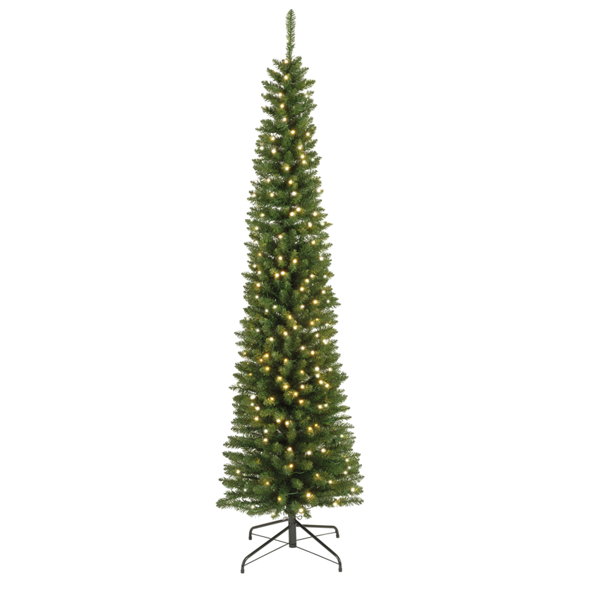 Pino verde in pvc con 380 led bianco caldo da interno. Misure: diametro 70cm. h. 240cm. 