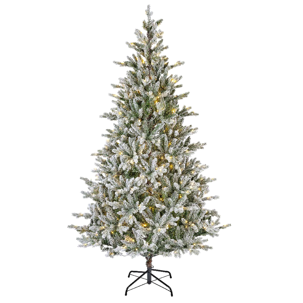 Abete Allison innevato con led bianco caldo da interno. Misure: diametro 127cm. h. 210cm. 