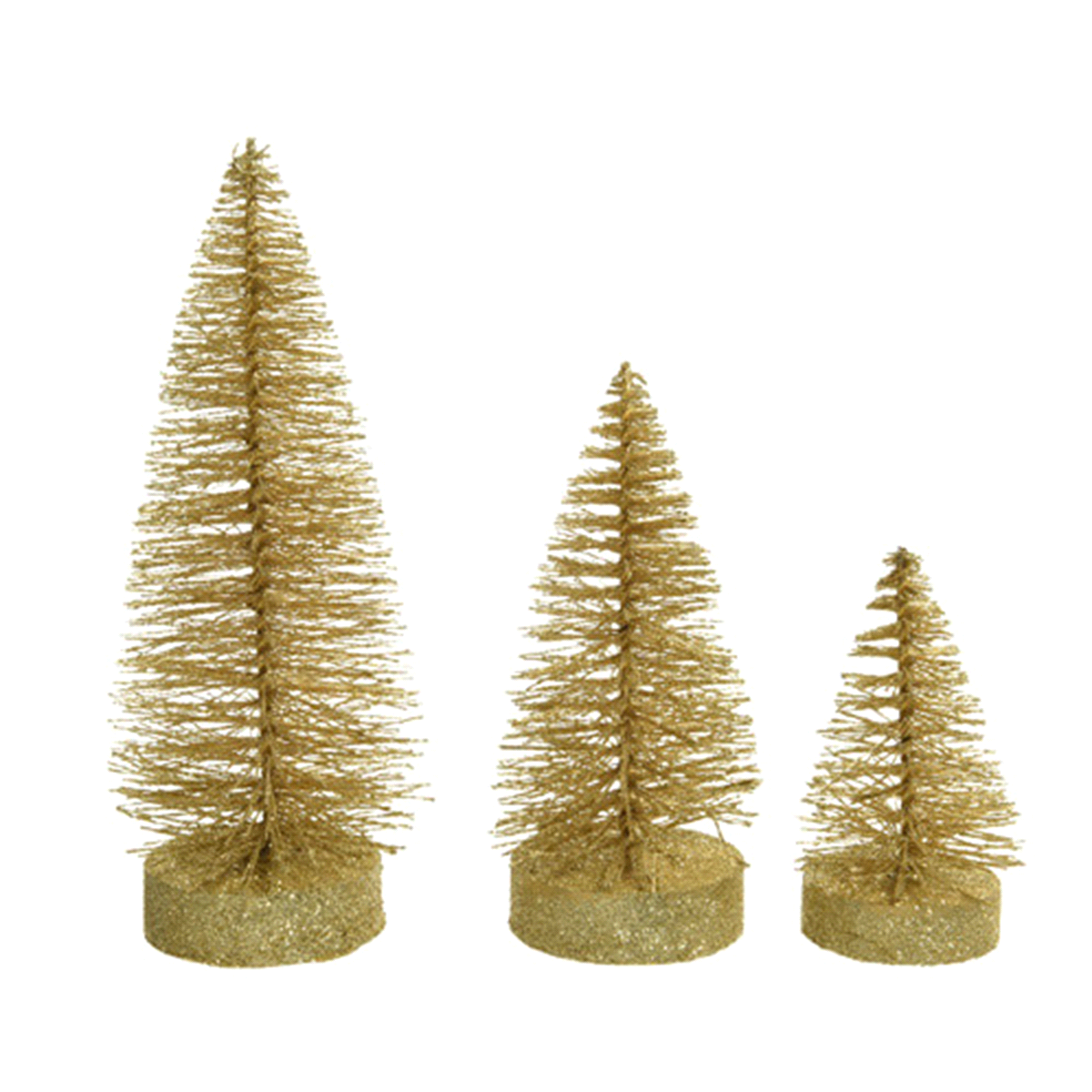 Mini alberi oro glitterate a spazzola da interno set da tre pezzi. Misure: @12 h.21cm /........ 