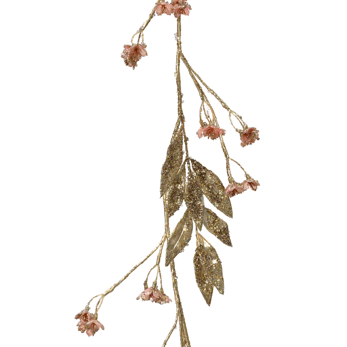Ghirlanda con foglie color oro glitterate e fiori colore rosa velluto. Misure: 12x1 h. 120cm. 