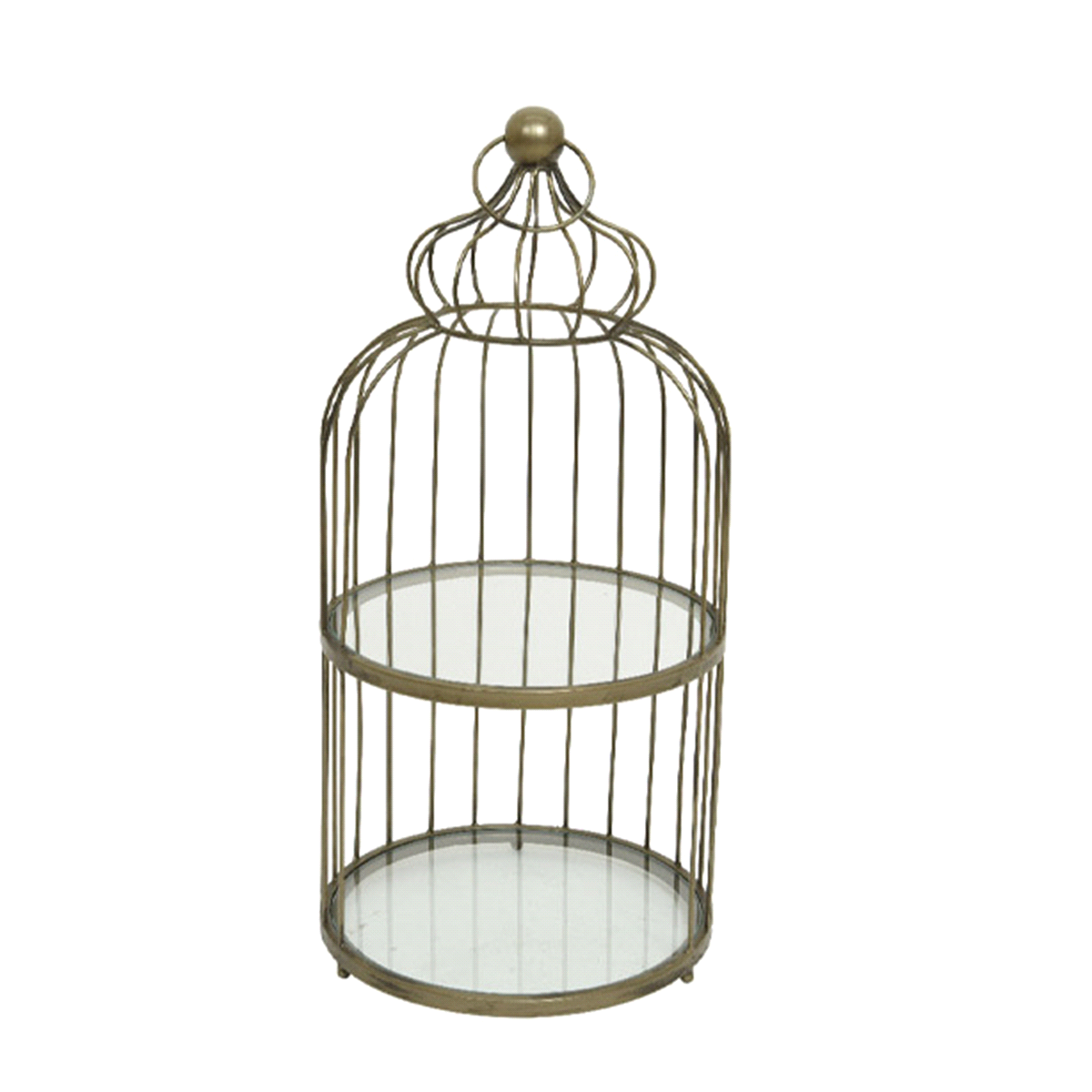 Gabbia a due ripiani colore oro antico. Misure: diametro 28cm h. 58cm. 