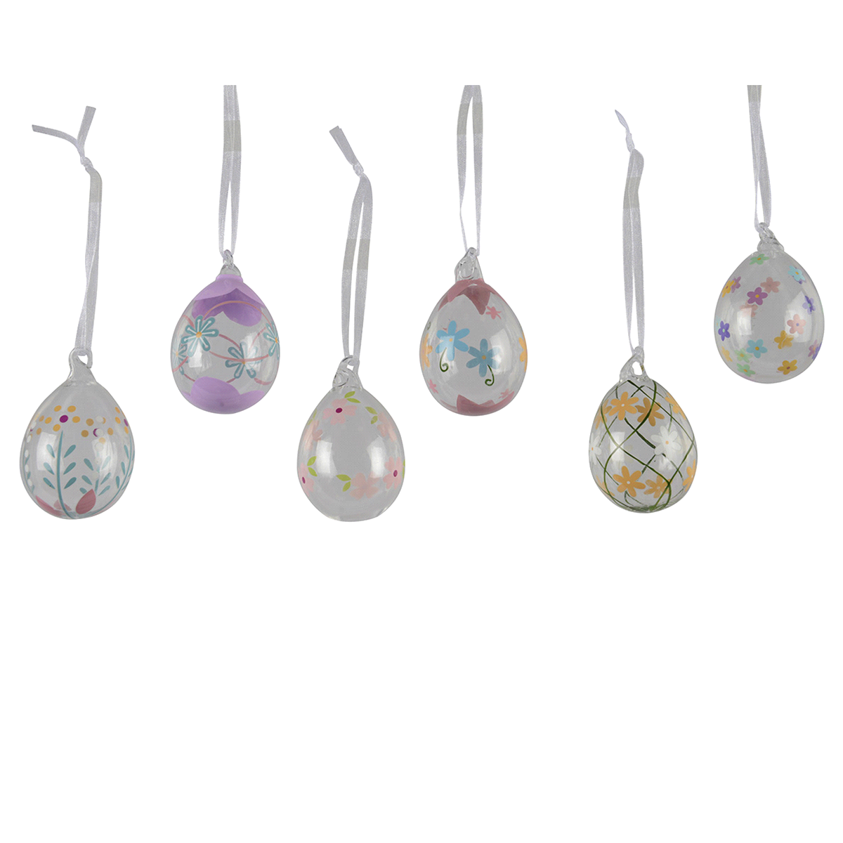 Uovo in vetro trasparente e colorato in 6 varianti da appendere. Dimensioni: diametro m4 h. 6cm. 