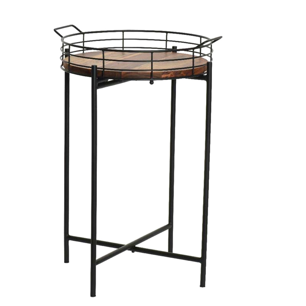 Tavolino alto in legno e struttura nera in ferro, da interno. Misure:diam.41 h.61cm. 