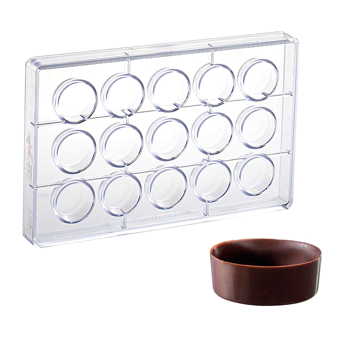 Stampo in policarbonato per la realizzazione di praline o mignon da farcire a piacimento, linea ChocoFill. Misura pralina: ø 37 h 14 mm. Produttività articolo: 15 pcs 