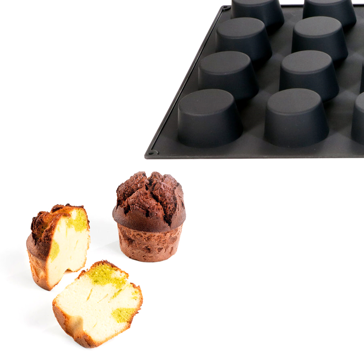 Stampo in silicone alimentare ideale per la realizzazione di monoporzioni e cake a forma di muffin. L