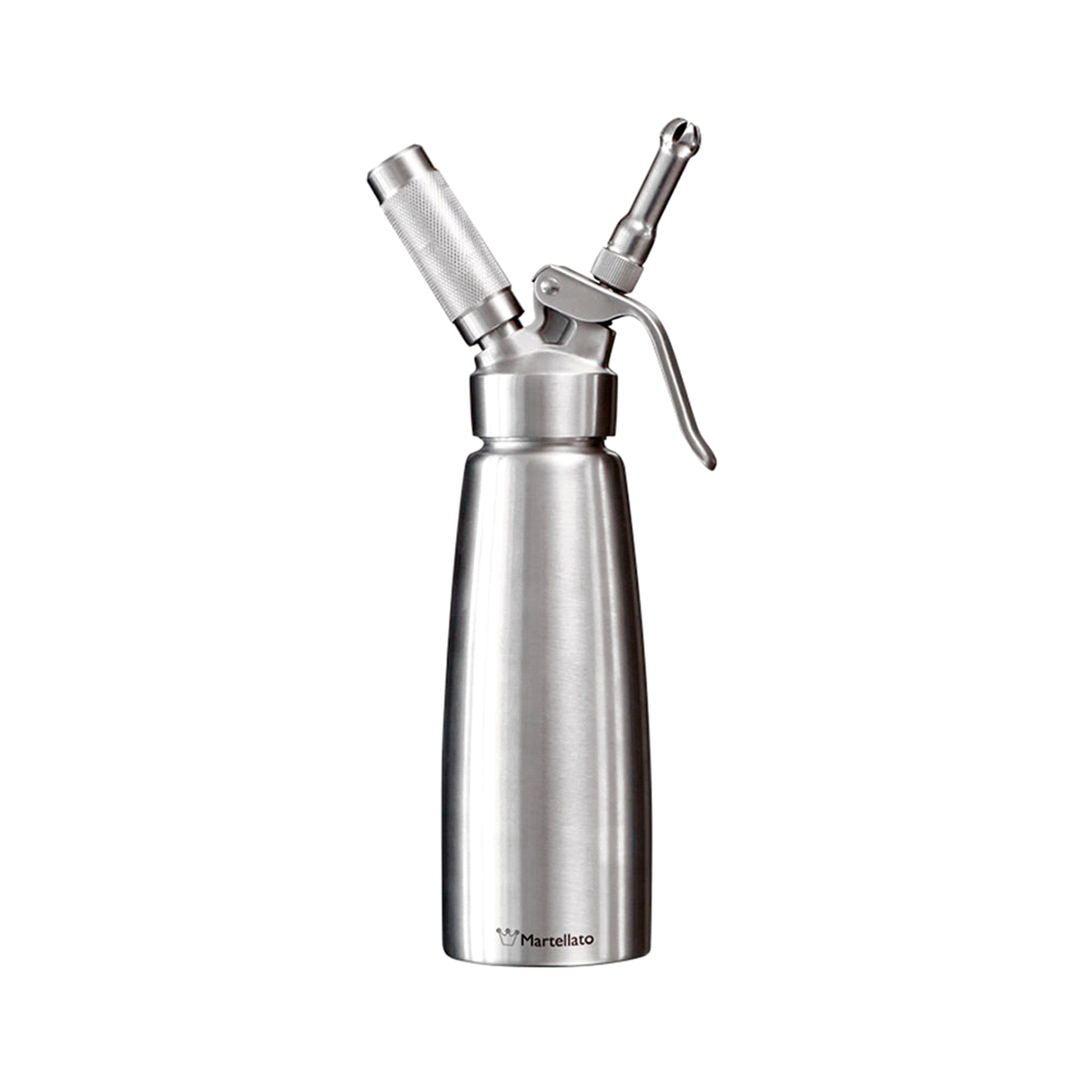 Sifone per panna professionale in acciaio inox da 500ml, adatto per la preparazione rapida di panna montata, mousse pan di spagna, torte, schiume fredde, salse e per la guarnizione di cappuccini, caffè, gelati e torte. 