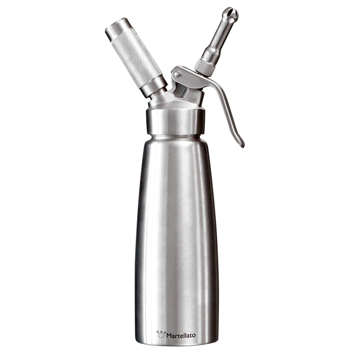 Sifone per panna professionale in acciaio inox da 500ml o 1000ml, adatto per la preparazione rapida di panna montata, mousse pan di spagna, torte, schiume fredde, salse e per la guarnizione di cappuccini, caffè, gelati e torte. 