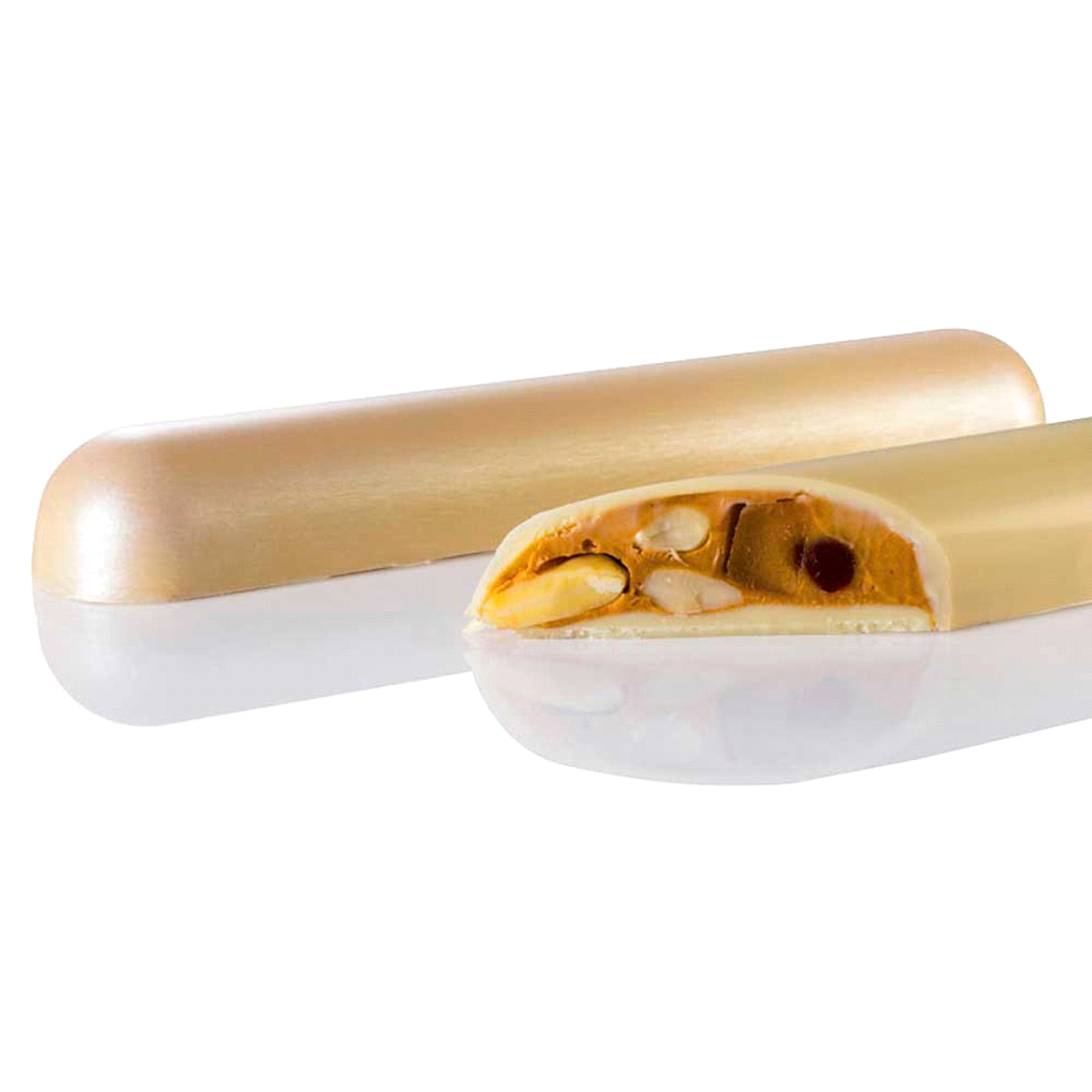 Stampo in policarbonato per torrone al cioccolato della linea Chocolog. Dimensioni del prodotto : 275 x 175 mm. 
Dimensioni torrone al cioccolato: 198 x 35 x h 23 mm. 