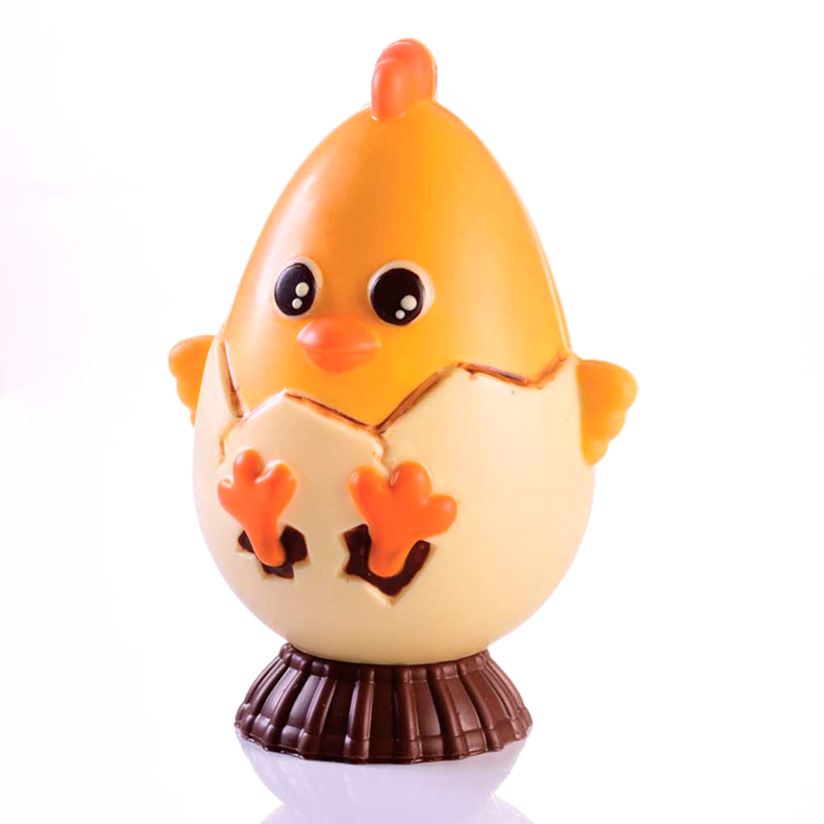 Stampo in plastica rigida termoformata per soggetti pasquali in cioccolato con corpo cavo a forma di uovo-pulpito. Con molle per il fissaggio. 