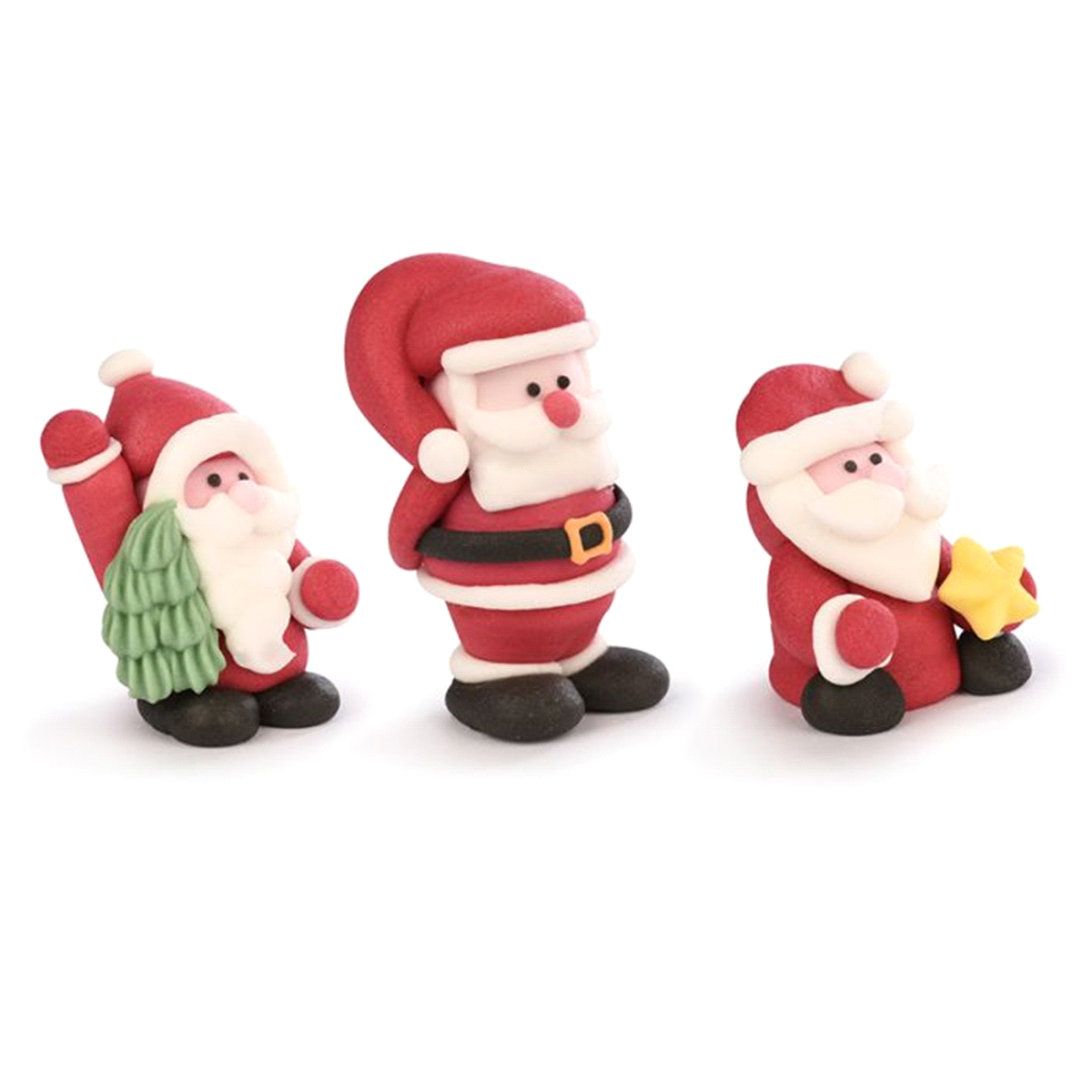 Babbo Natale in tre modelli assortito in zucchero. Dimensioni: h.5cm. Senza coloranti azoici aggiuntivi. 