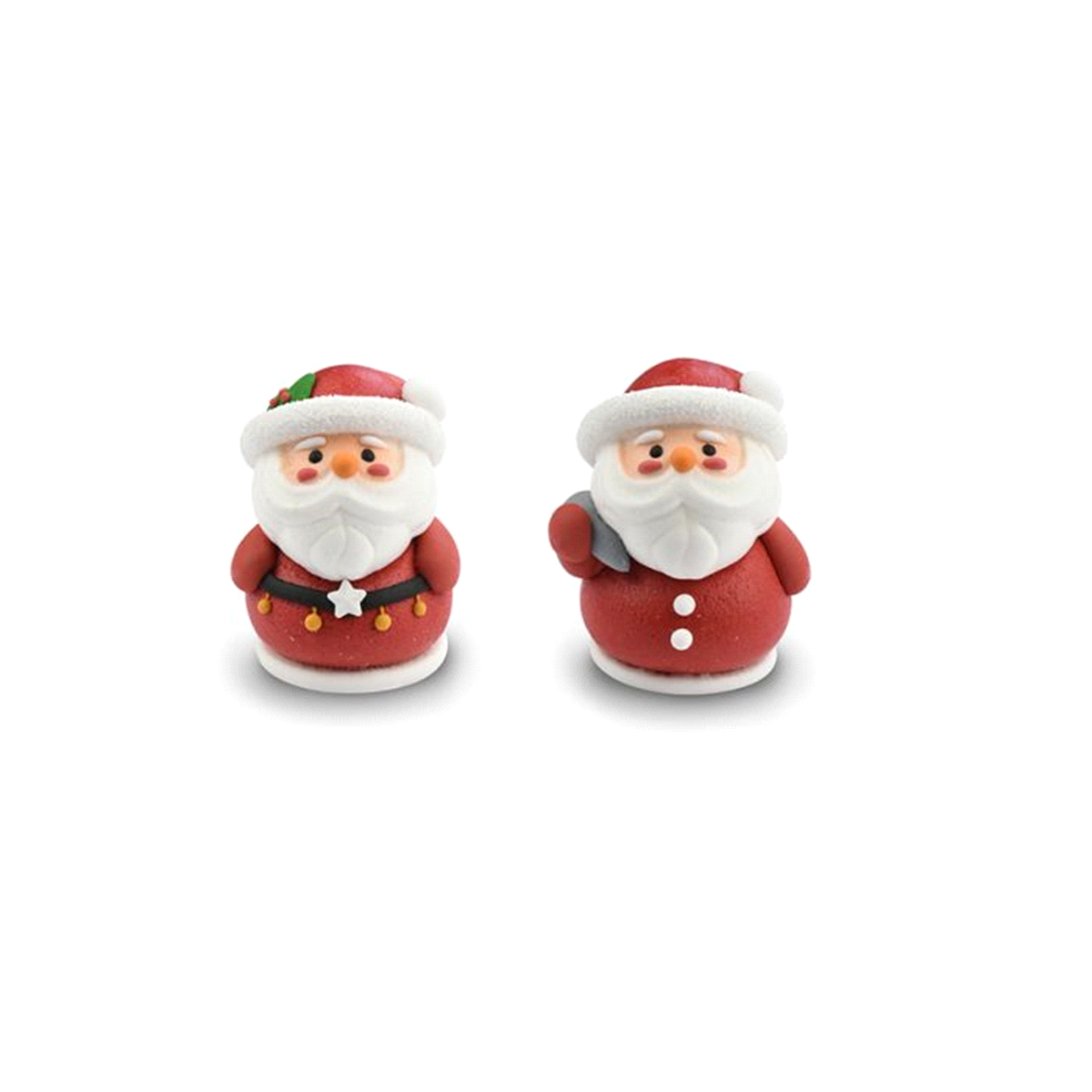 Babbi Natale in zucchero in 2 modelli assortiti. Dimensioni: 5xh5,5cm. Non contengono coloranti azoici aggiuntivi. Gluten free. 