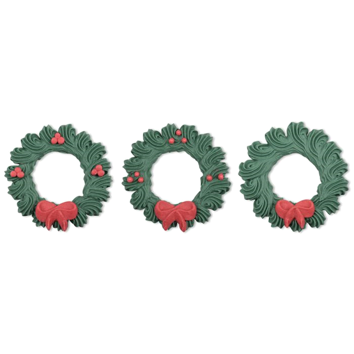 Ghirlandini Natale in zucchero con fiocco rosso in 3 modelli assortiti.Dimensioni: diametro 6 cm. Non contengono coloranti azoici aggiuntivi. 