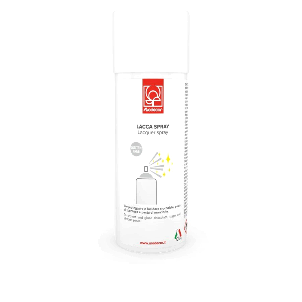 Lacca spray ideale per proteggere e lucidare cioccoalto, pasta di zucchero e pasta di mandorle.Gluten free. Non contiene coloranti azoici aggiunti. E171 free. 