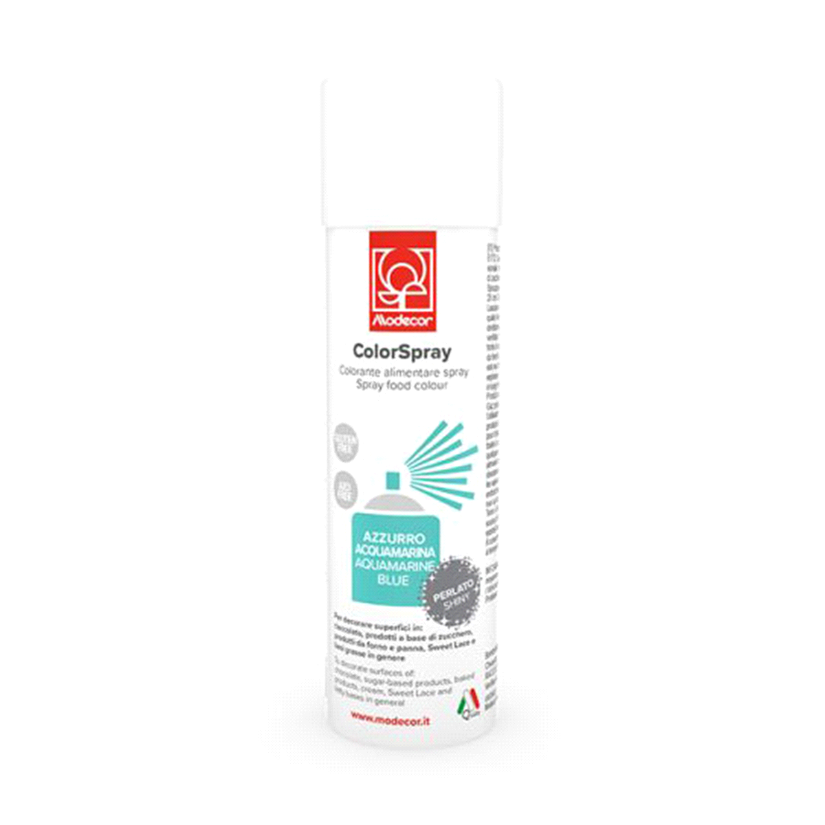 Colorante spray perlato azzurro acquamarina da 250ml. Gluten free e non contiene coloranti azoteici aggiuntivi. 