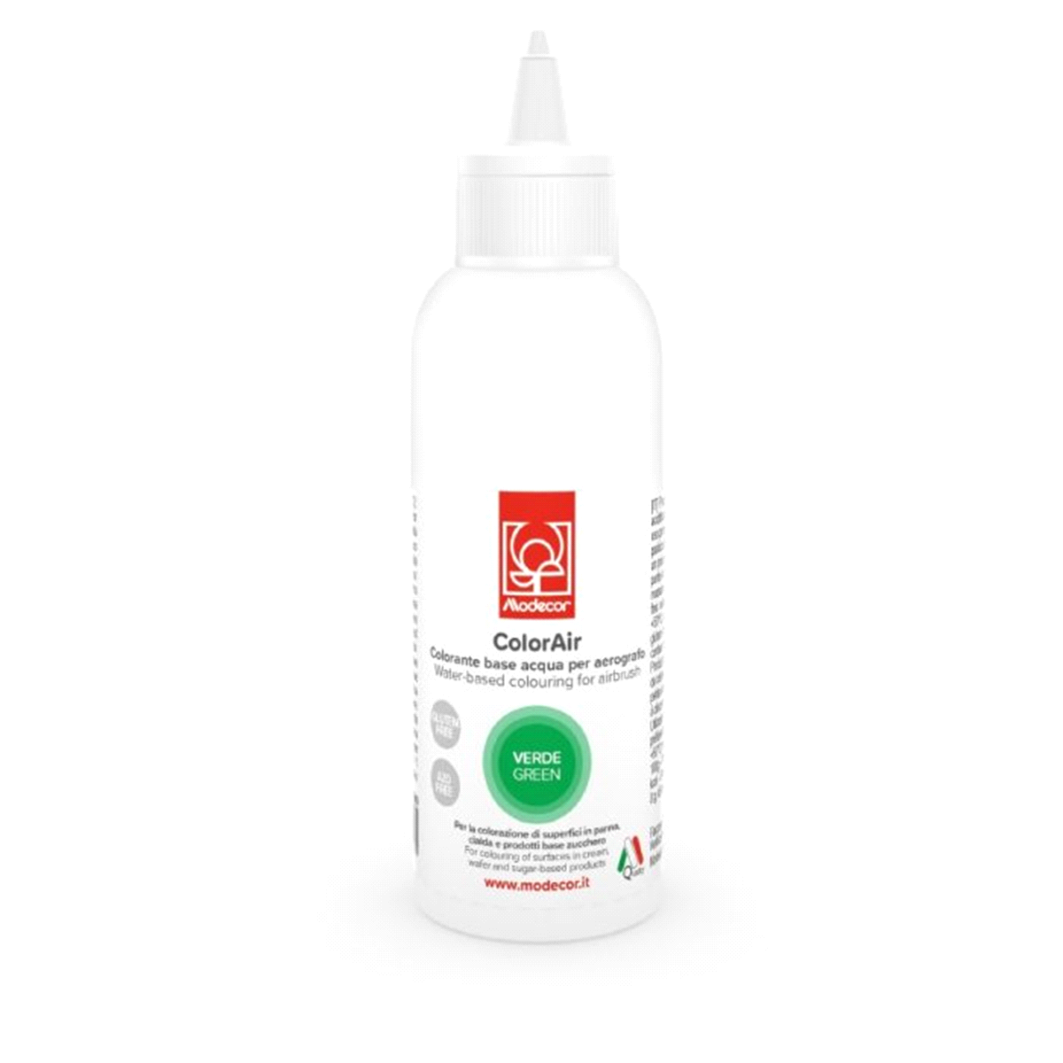 Colorante liquido a base di acqua per aerografo da 190ml. Gluten free. Non contiene coloranti azoteici aggiunti. 