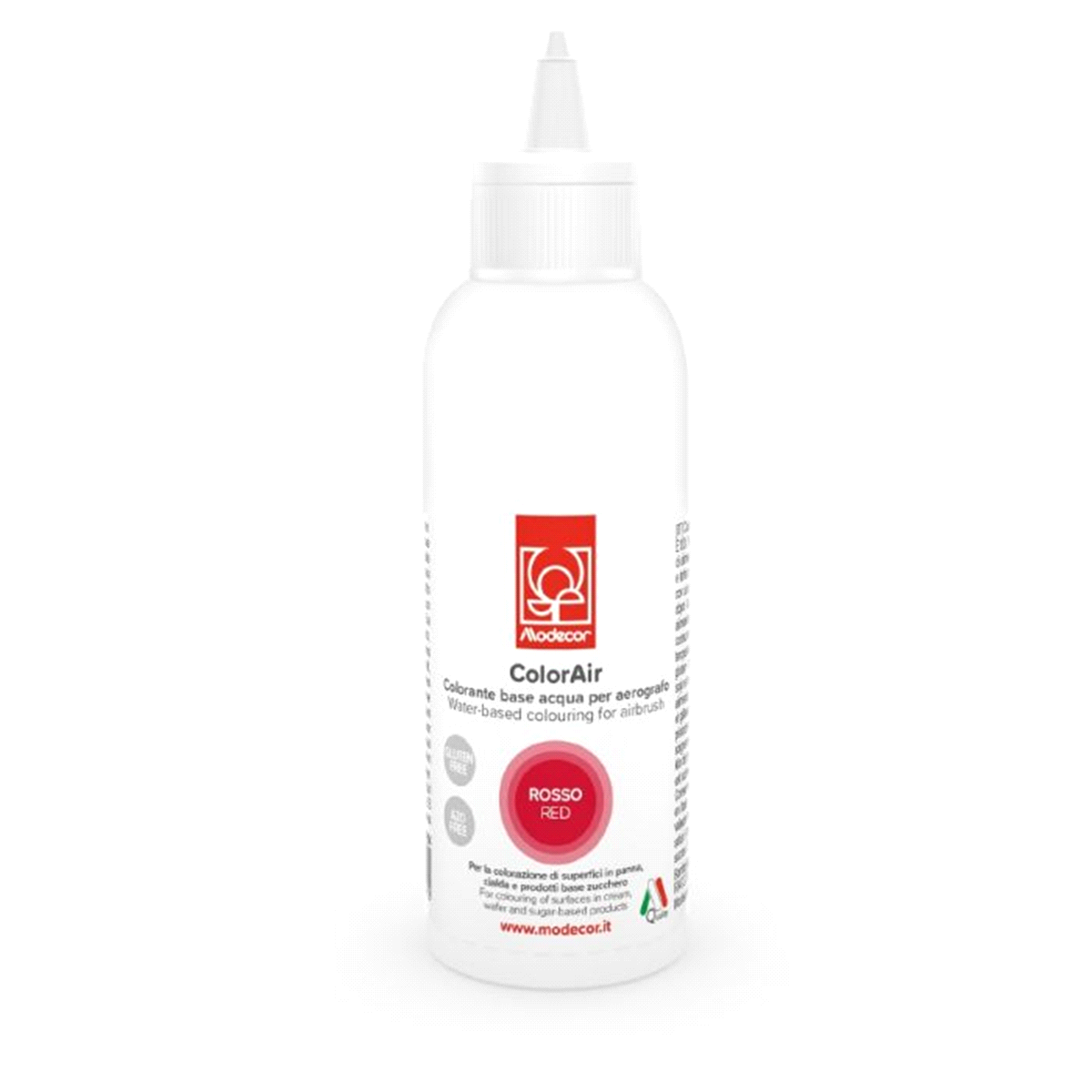 Colorante liquido a base di acqua per aerografo da 190ml. Gluten free. Non contiene coloranti azoici aggiuntivi. E171 free. 