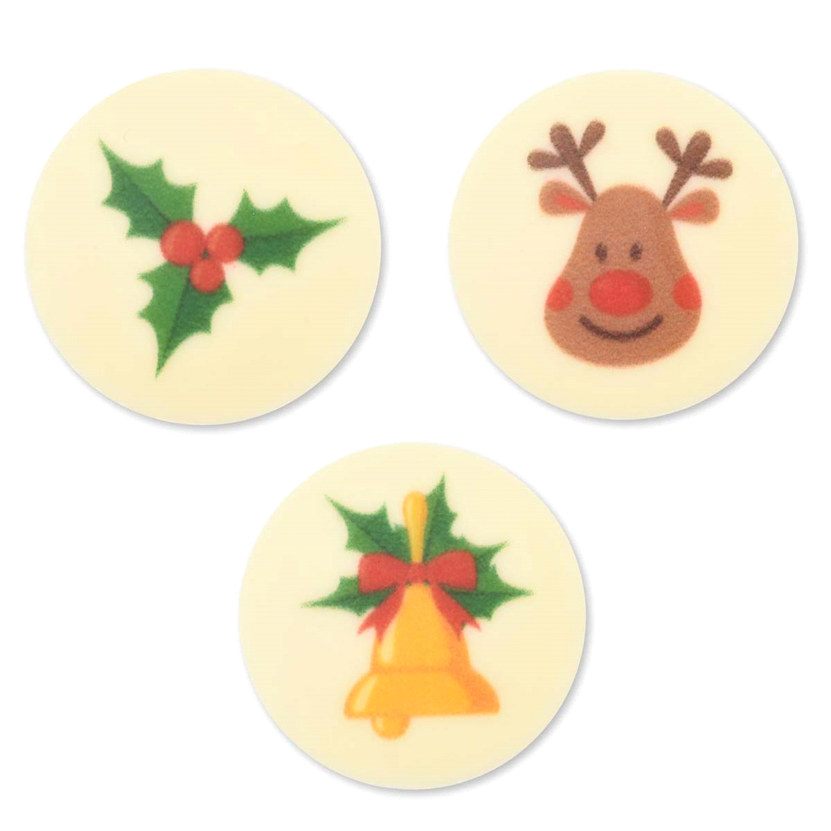 Tondo chablon Natale in cioccolato bianco. Dimensioni: diametro 3,5cm. Gluten free. 