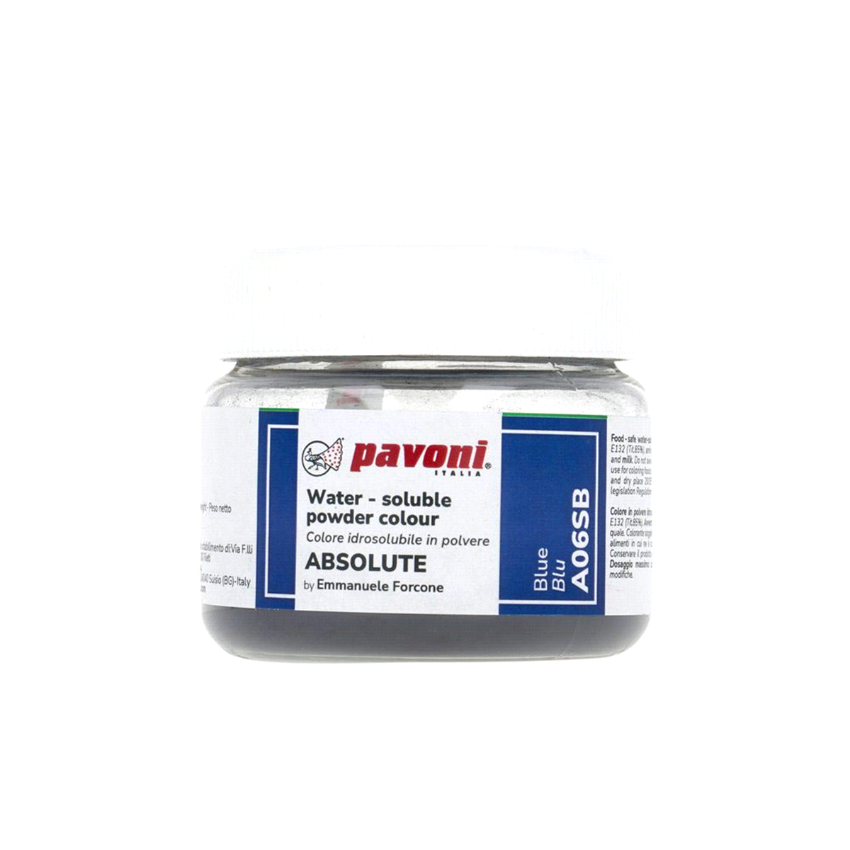 Colore idrosolubile in polvere absolute 50 gr.Alta densità di colore, per zucchero artistico, macaron, pasta di zucchero e ghiaccia. Blu. Senza biossido di titanio.Azo free. 