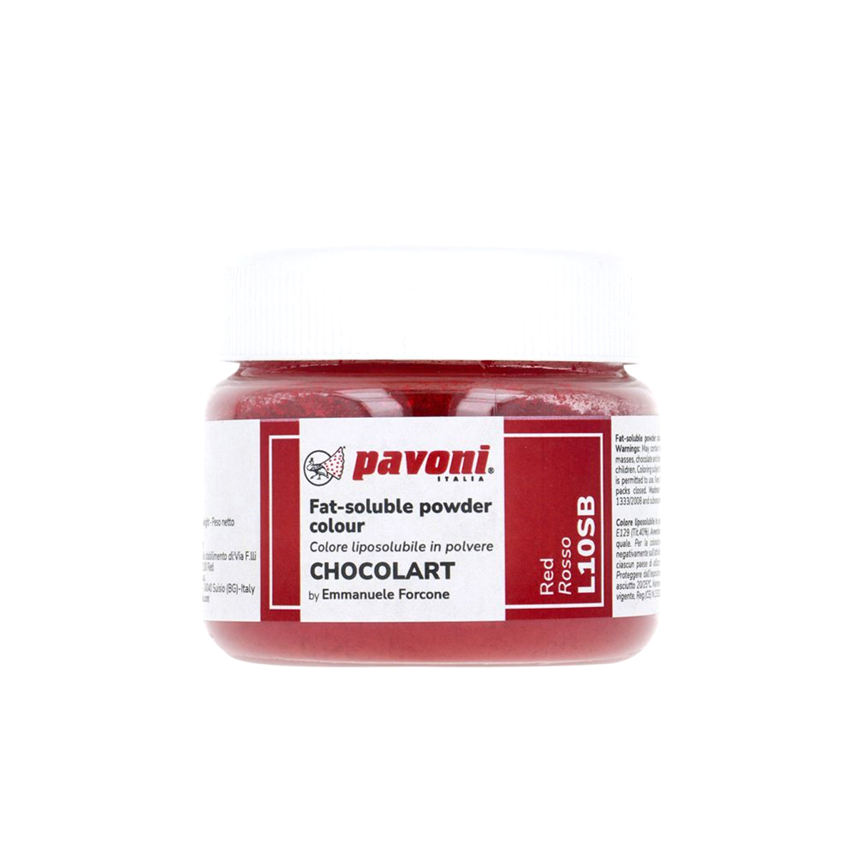 Lacche in polvere ad altissima intensità da sciogliere nel burro di cacao.
Tonalità: Rosso.Non contiene biossido di titanio.
Quantità: 40g. 