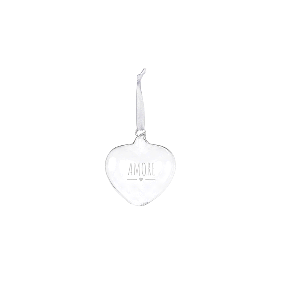 Cuore borosilicato da appendere con dicitura "Amore" della linea My Home con scatola. Dimensioni: 8x4x8. 