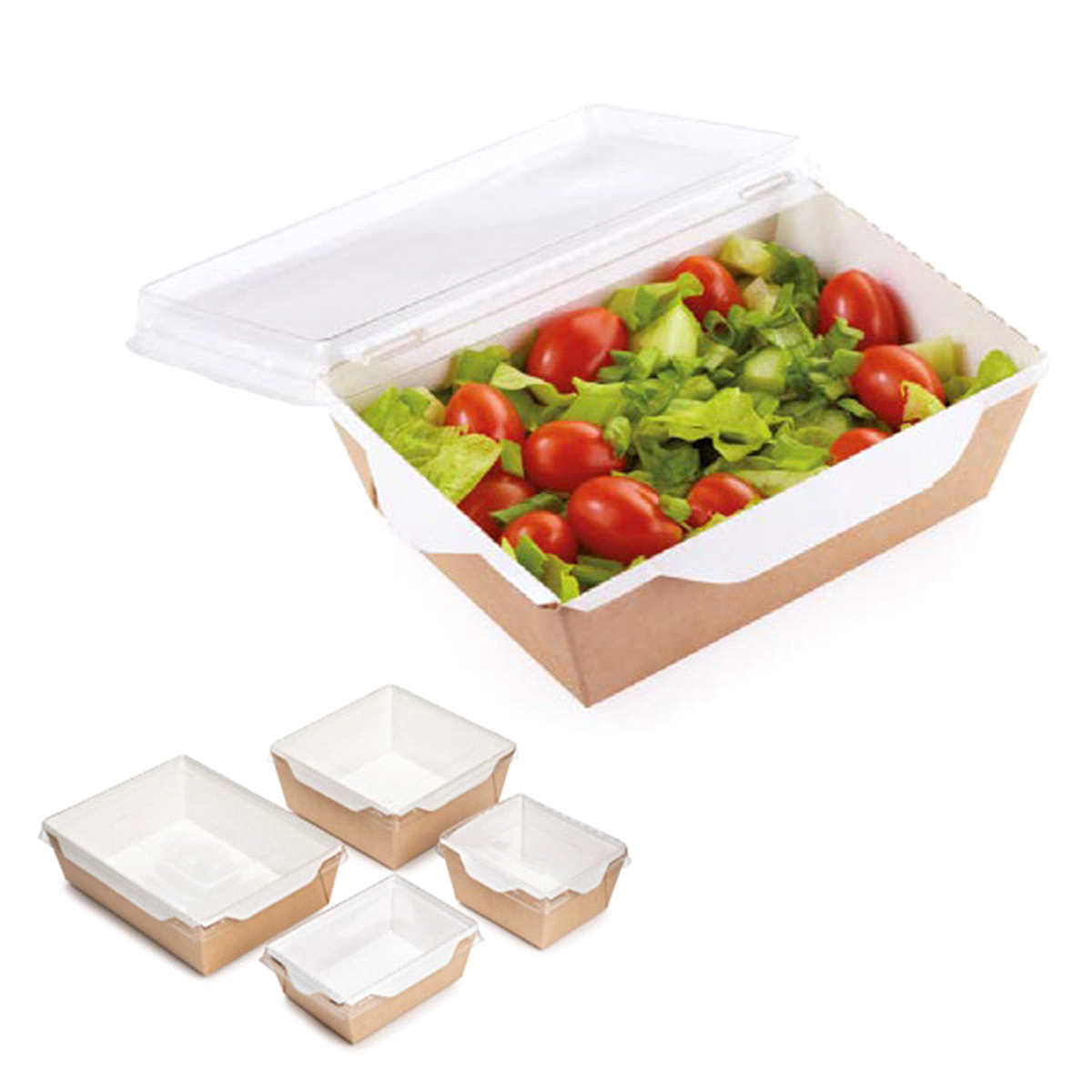 Contenitore 145x95x45 mm, con coperchio in PET trasparente. Imballaggio resistente all’olio e all’acqua, adatto per insalate fredde e calde, microondabile (senza coperchio). 