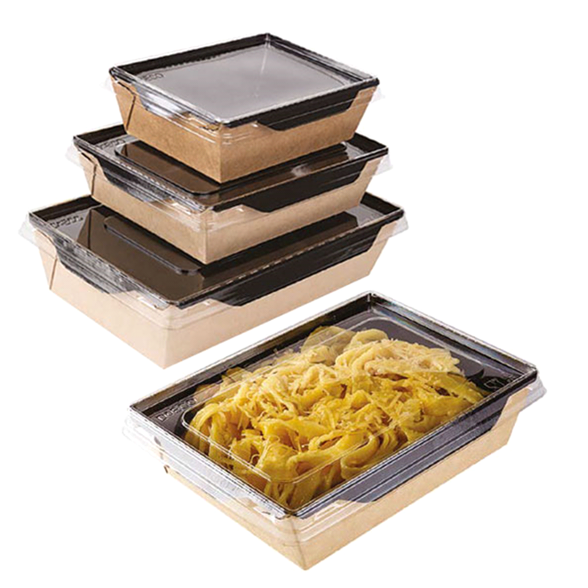 Contenitore 145x95x45 mm, con coperchio in PET trasparente. Imballaggio resistente all’olio e all’acqua, adatto per insalate fredde e calde, microondabile (senza coperchio). 