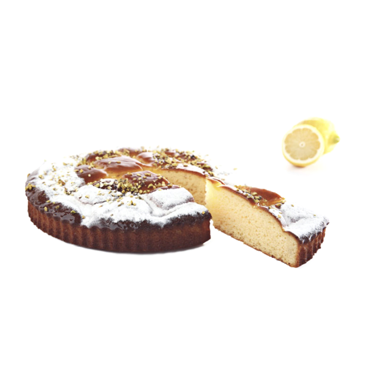 Torta soffice aromatizzata al limone arricchita da granella di pistacchio tostato. Da scongelare 30 min a temp. amb. 