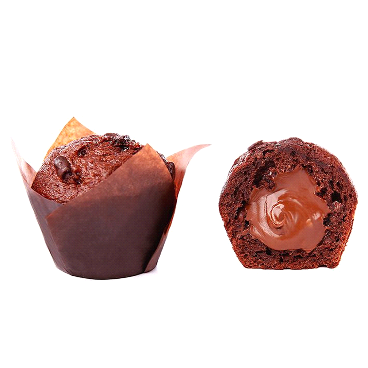 Muffin 90gr al cioccolato farcito con crema di cioccolato e nocciole. 