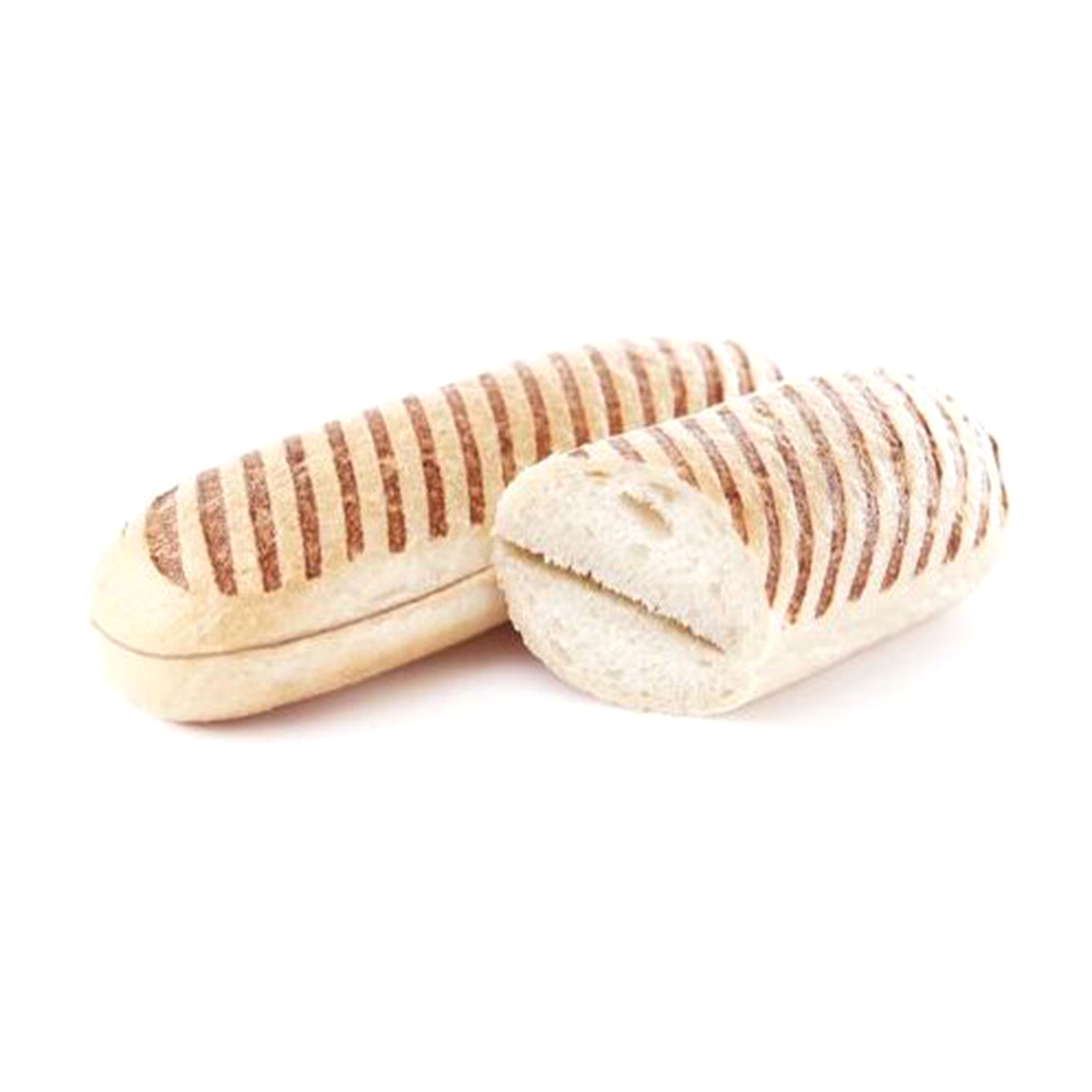 Panino pretagliato 110 gr, parzialmente cotto, surgelato. Lunghezza 19,5 cm circa. Cuocere 10-12 min a 210°C. 
