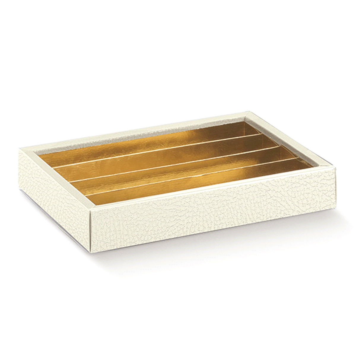 Scatola composta da fondo in cartoncino teso e fascetta di chiusura in pvc trasparente, provvista di inserto separatore modulare in cartoncino accoppiato a poliestere oro, per contenere praline, prodotti dolciari. 