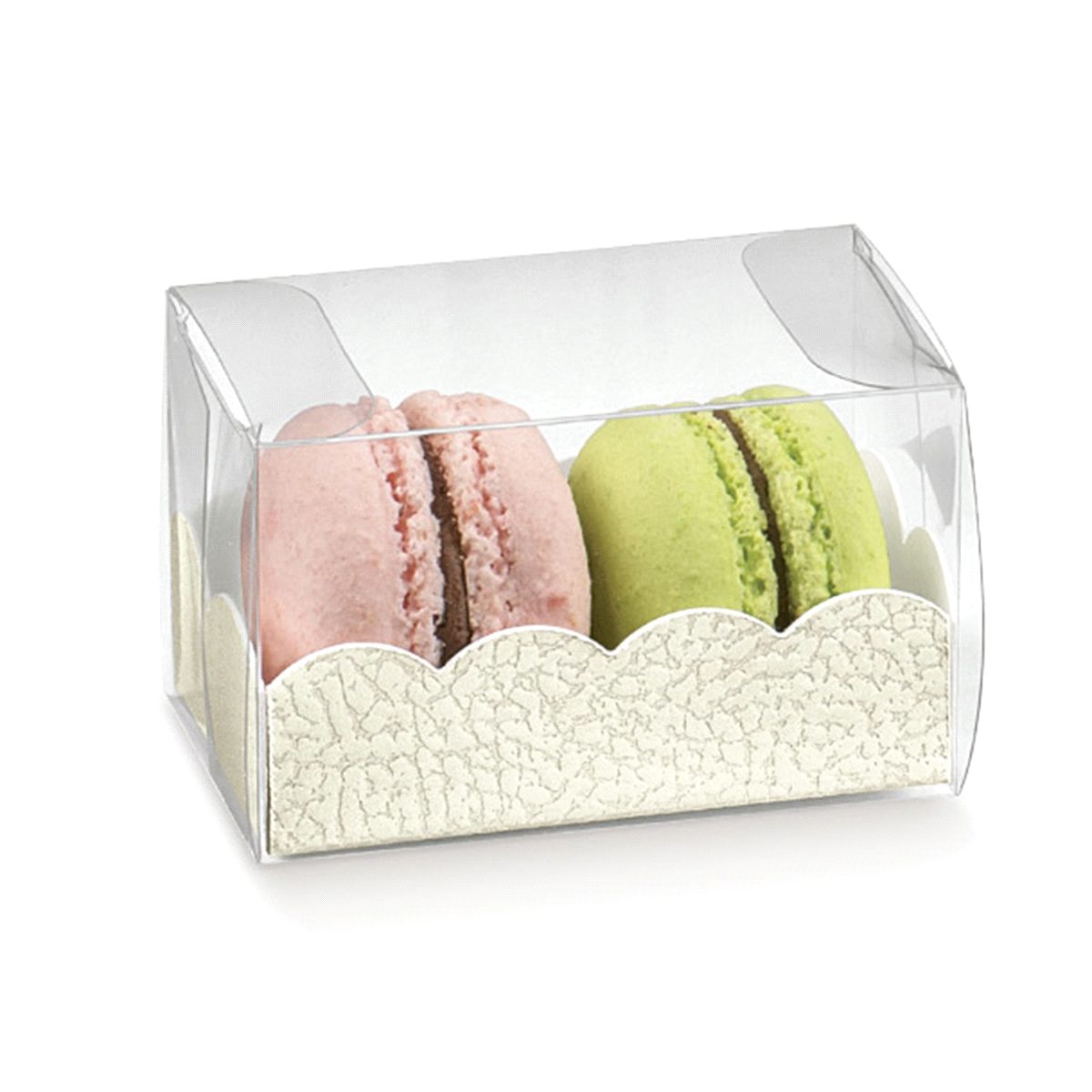 Astuccio trasparente con aperture laterali fornito con fondino goffrato esternamente e realizzato con cartoncino alimentare. Formati ideali per contenere macarons o dolcetti artigianali. 