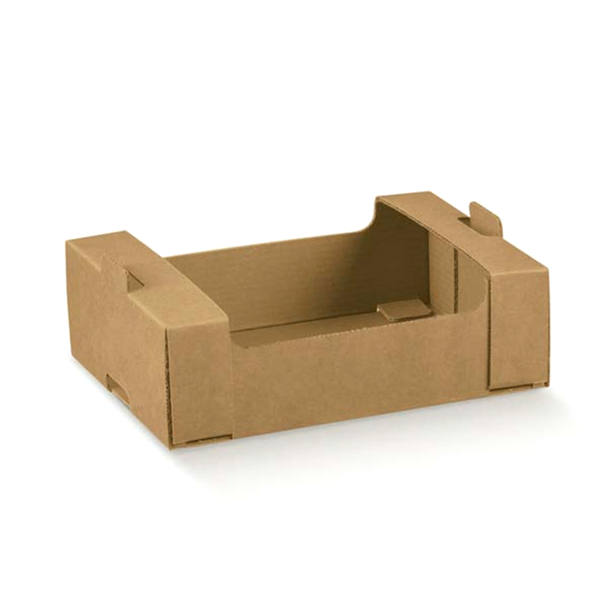 Contenitore in cartone accoppiato per contenere prodotti enogastronomici vari, oggetti per esposizione. I formati sono compatibili con la sistemazione su pallet formato 80x120. La struttura consente la sovrapposizione ad incastro e uno dei due lati lunghi può essere ripiegato internamente per garantire visibilità al contenuto. 