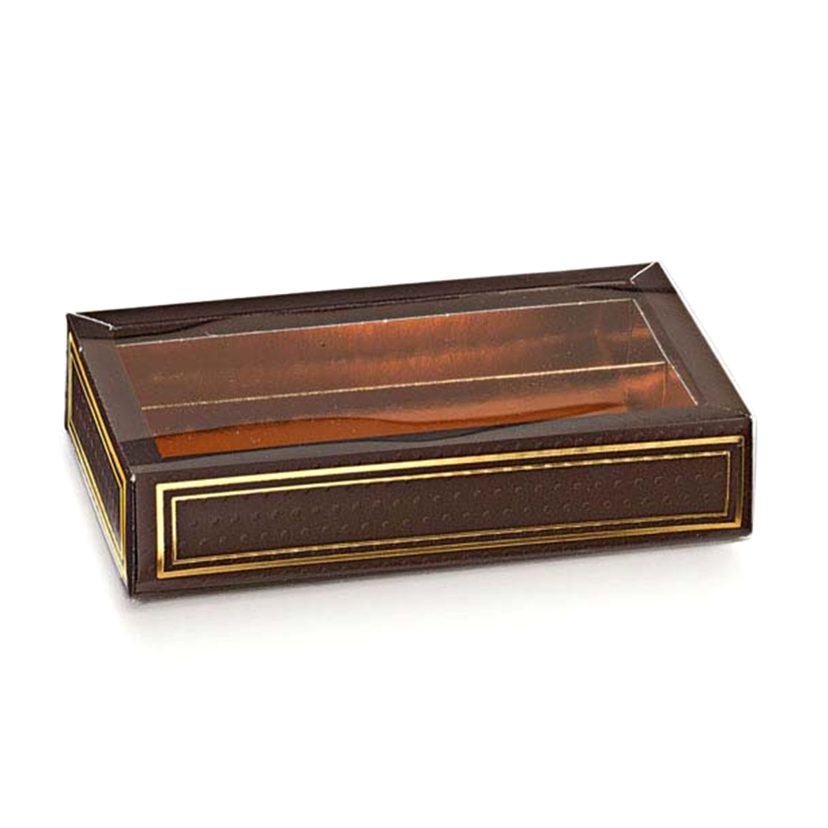 Scatola composta da fondo in cartoncino teso e fascetta di chiusura in pvc trasparente, provvista di inserto separatore modulare in cartoncino accoppiato a poliestere oro, per contenere praline, prodotti dolciari.
 