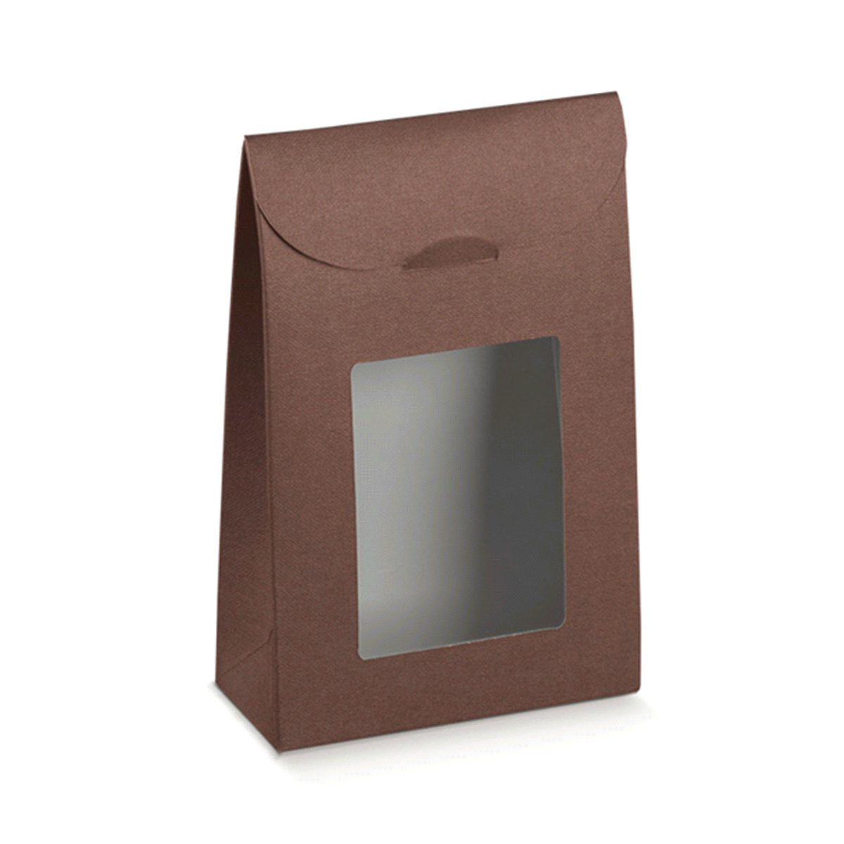 Scatola in cartoncino teso, con finestra in pvc trasparente, per contenere praline, prodotti dolciari.
 