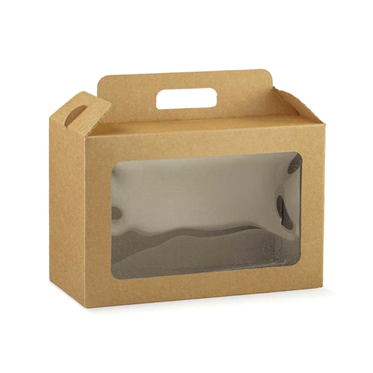 Scatola in cartone accoppiato per confezioni gastronomiche o articoli regalo con maniglia per il trasporto. La finestra trasparente è in materiale PLA biodegradabile e consente la visione dei prodotti.
 