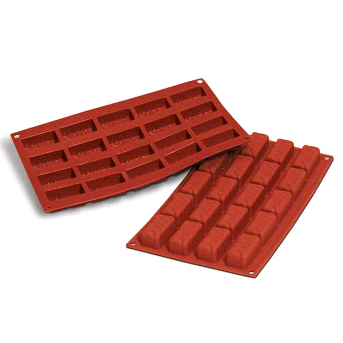 Stampo dimensioni: 50mm x 25mm x h20mm - Cavity: 20 /Vol. Cavity: 22ml. Utilizzabile in forno / microonde - Utilizzabile in congelatore / abbattitore - Lavabili in lavastoviglie 