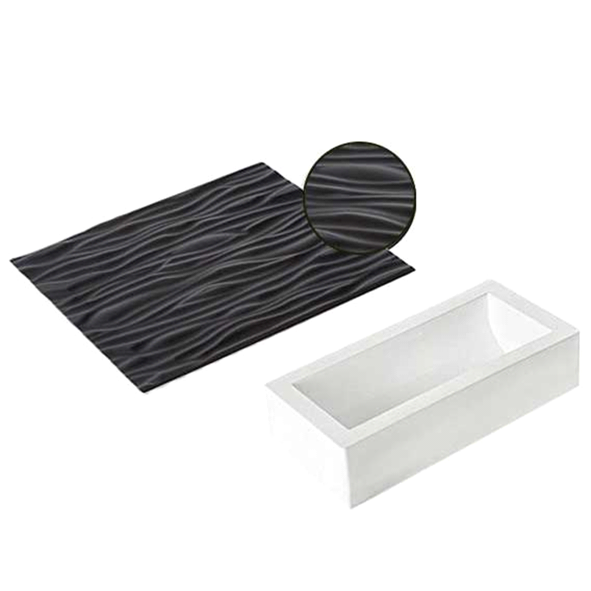 Il tappetino Wood di dimensioni 280 x 185 h 6 mm si presenta nel colore nero e si adatta perfettamente allo stampo dalla forma tronchetto Bûche (250 x 90 h 70 mm) permettendo così, dopo aver inserito il tappetino al suo interno, di realizzare un perfetto tronchetto in preparazioni cotte o semifreddo dalla trama legno. 