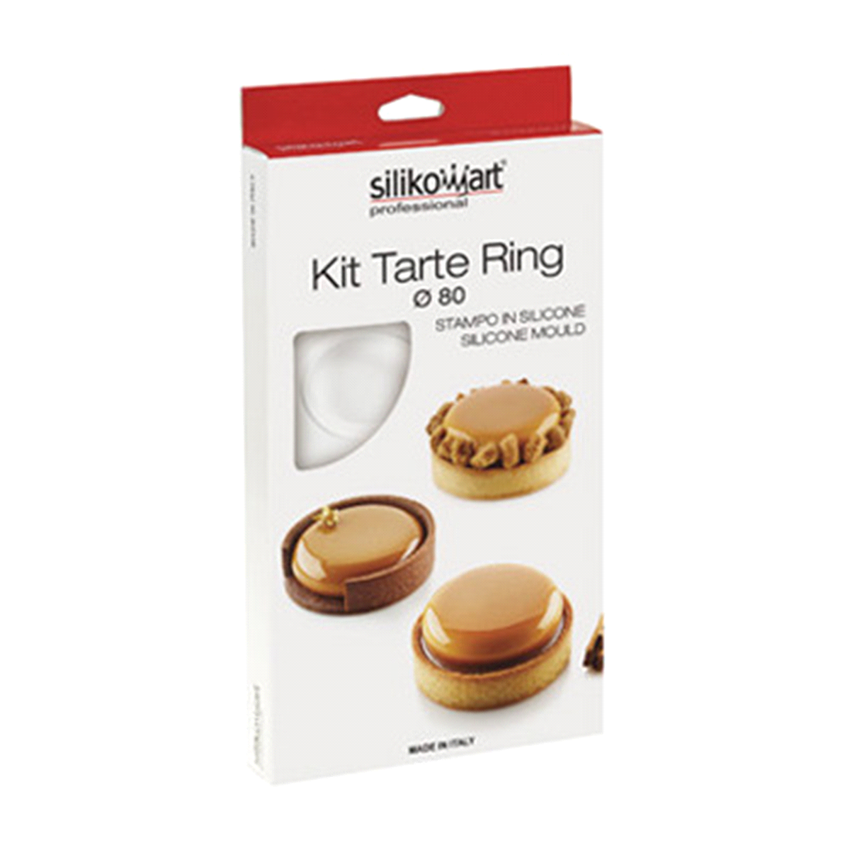 Il kit è composto da due elementi: sei anelli da 80 mm di diametro in materiale termoplastico composito indeformabile adatto all’uso in forno fino a 180°C per la realizzazione della base e uno stampo in silicone composto da sei cavità da 67 mm di diametro ciascuna, che consente di realizzare una mousse o un cremoso da adagiare sopra alla pasta frolla. 
