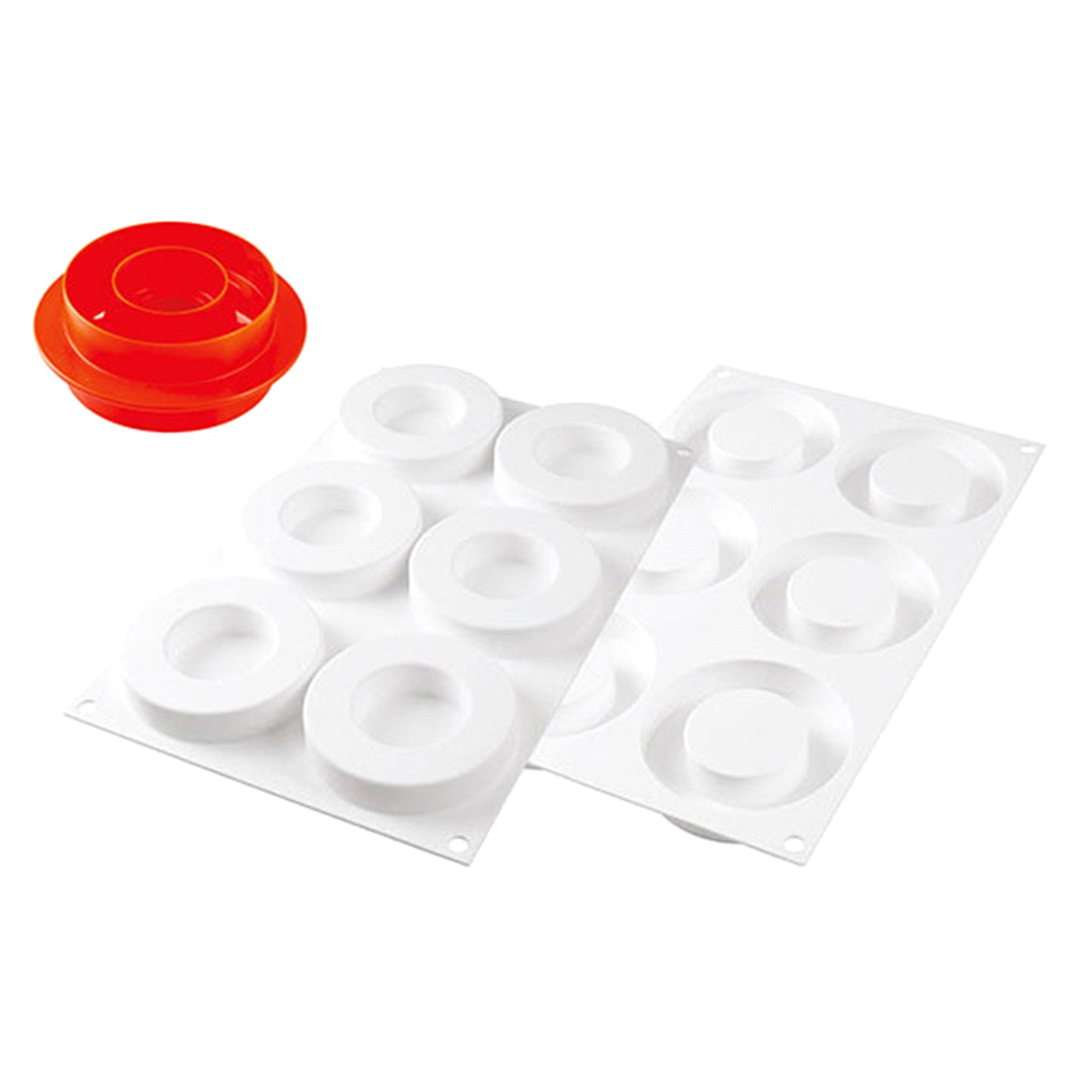 Composto da uno stampo multiforma in silicone che permette di realizzare sei semifreddi o preparazioni cotte dal volume di 65 ml ciascuno, uno stampo multiforma per realizzare sei inserti e decorazioni dal volume di 13 ml ciascuno e un pratico tagliapasta doppio uso adatto per realizzare inserti e basi d