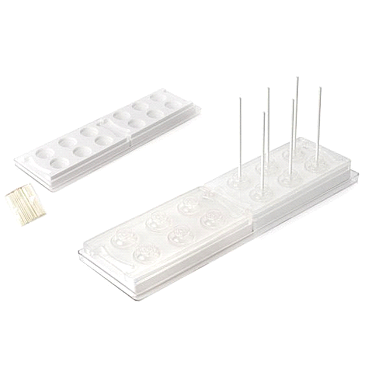 Stampo che permette di creare delle sfere perfette di Ø 28 mm, che grazie a bastoncini possono essere proposte come innovativi ice pops o cake pops da forno. 